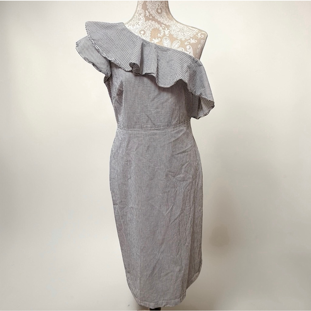 Banana Republic One Shoulder Ruffle Dress Striped Sheath Midi Women’s Size 6